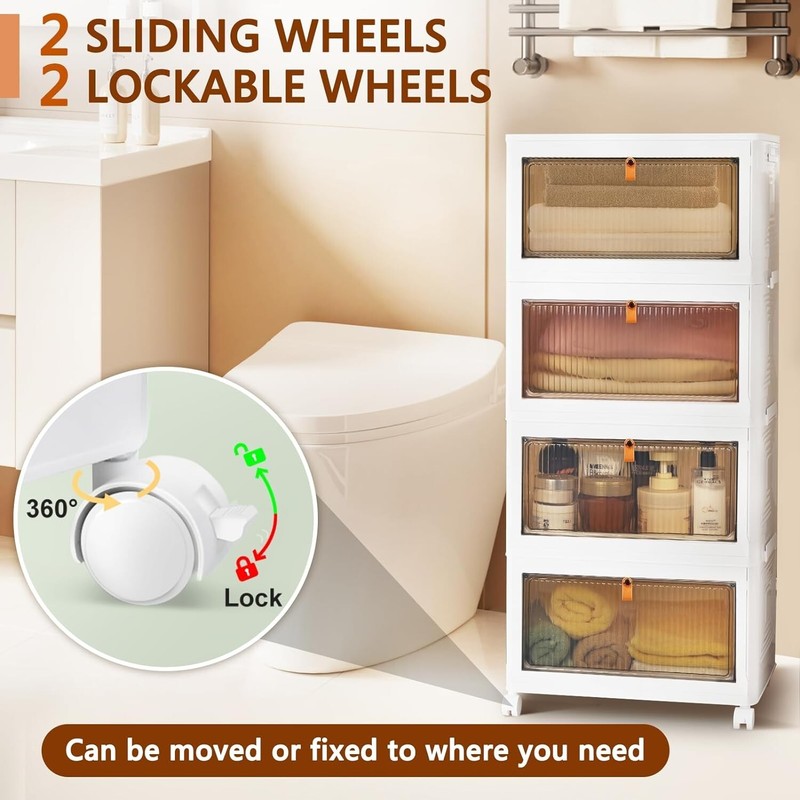 Upgrade Your Space: 4-Tier Plastic Storage Boxes with Translucent Doors & Wheels gallery