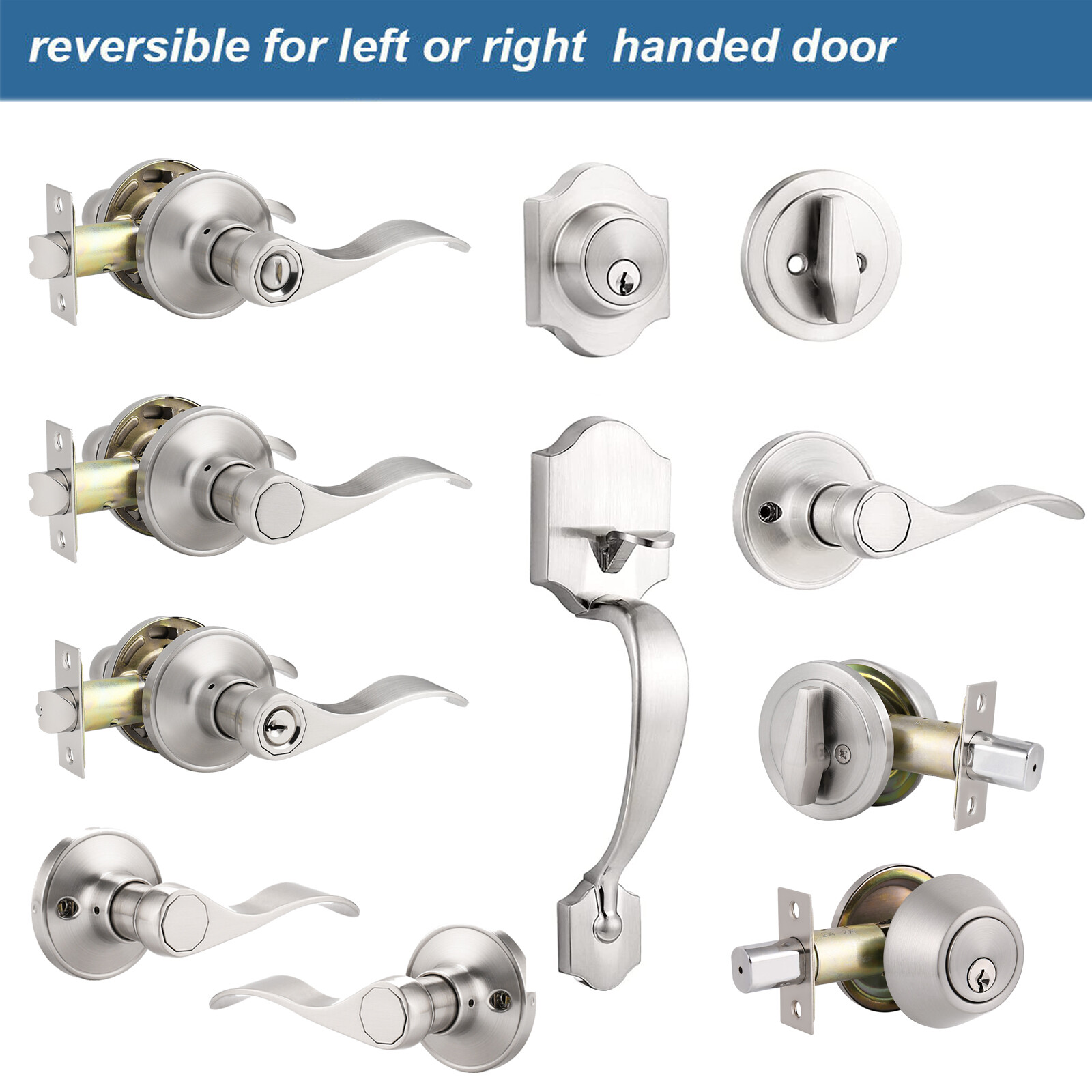 Front Door Handle Entry Lock set Brushed Nickel Privacy Passage Levers Knobs gallery