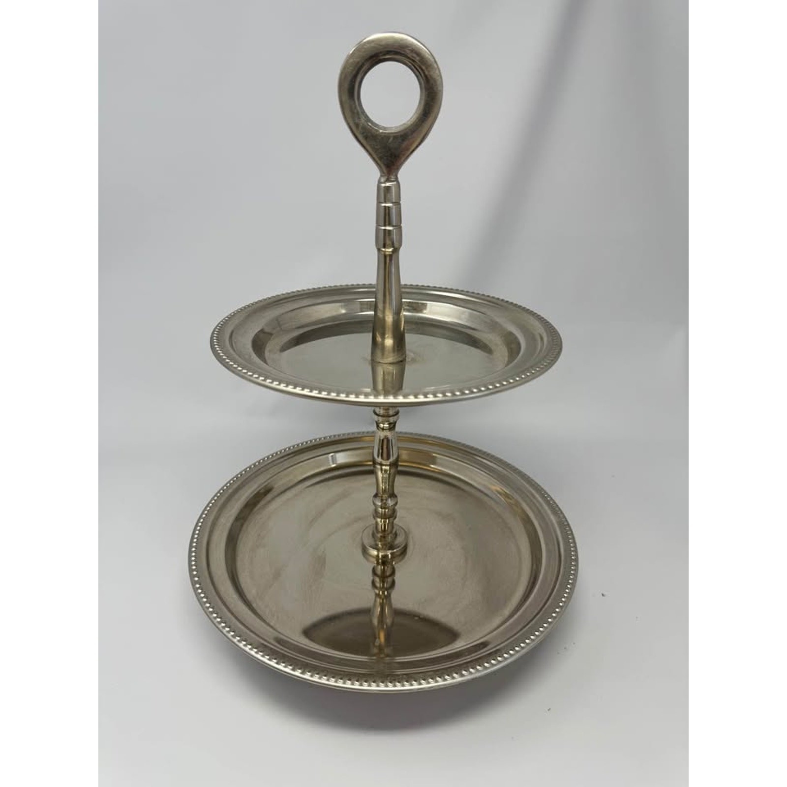 Nickle Plate Silver Metal Two Tiered Tidbit Plate Dessert Tray or Jewelry 14” H gallery