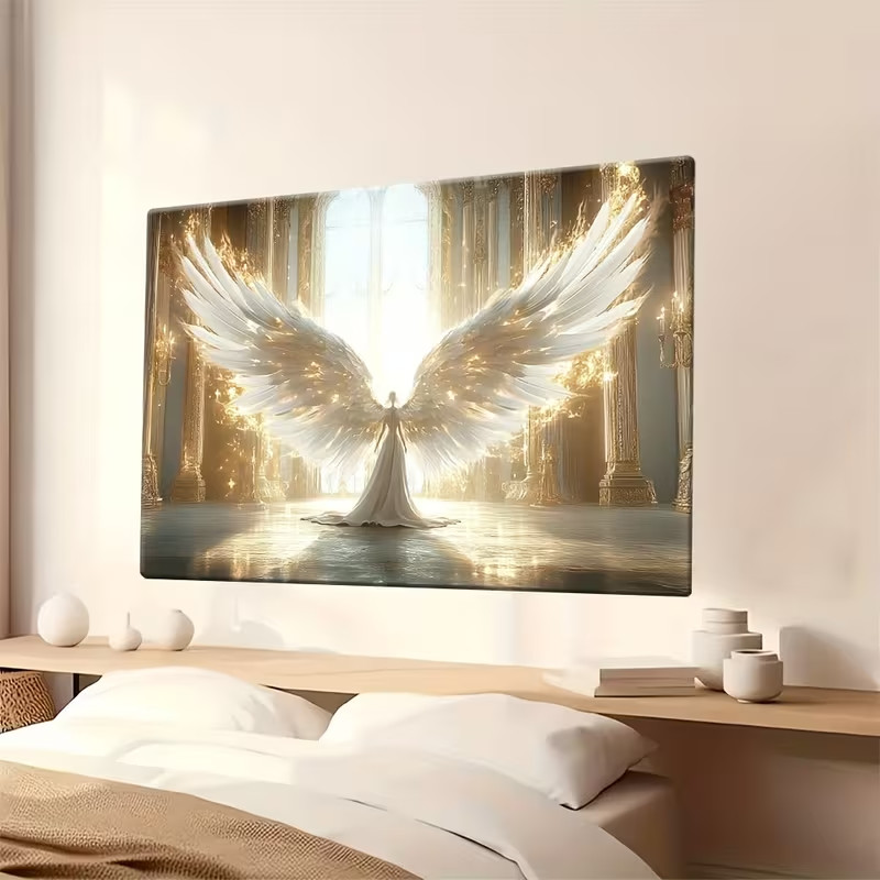 Framed 24x36 Angelic Figure in Grand Hall – Glowing Wings Divine Fantasy Wall Ar gallery
