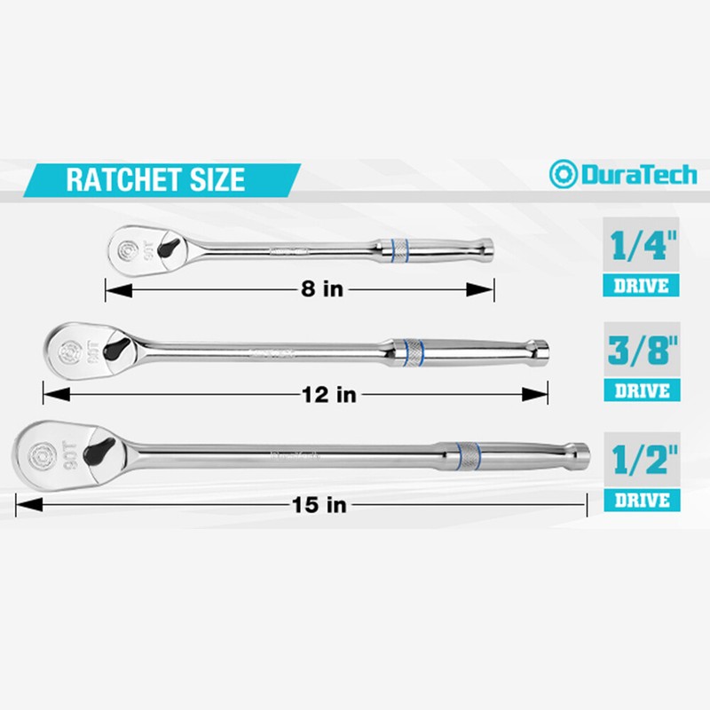 DURATECH Extra Long Handle 1/4-Inch Drive Ratchet, 90-Tooth with 8" Handle gallery