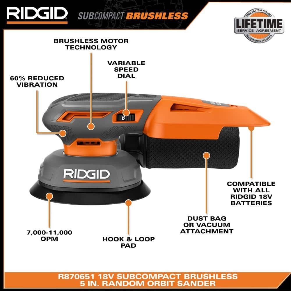 New RIDGID R870651B 18V Sub-Compact Brushless Random Orbit Sander (Tool Only) gallery