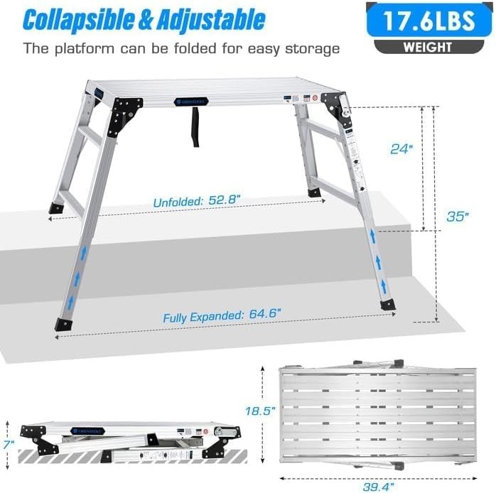 Adjustable Work Platform 39.4x18.5" Portable Folding AL Step Ladder Scaffolding gallery