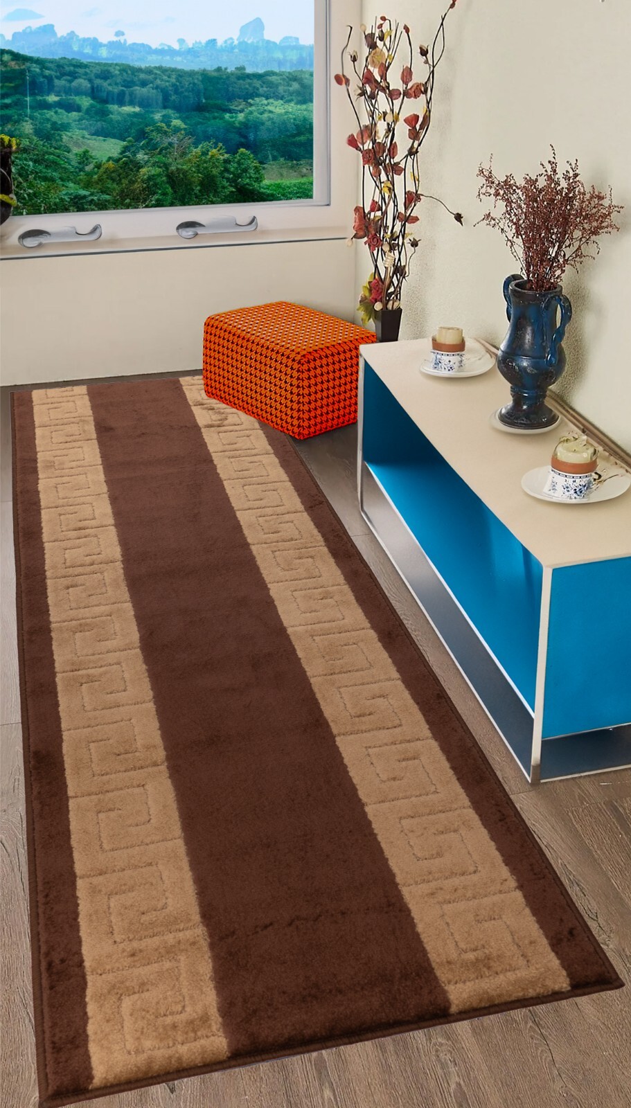 Custom Size GREEK Design Brown & Beige Non Slip Runner Rugs 26"/30"/36" Width gallery