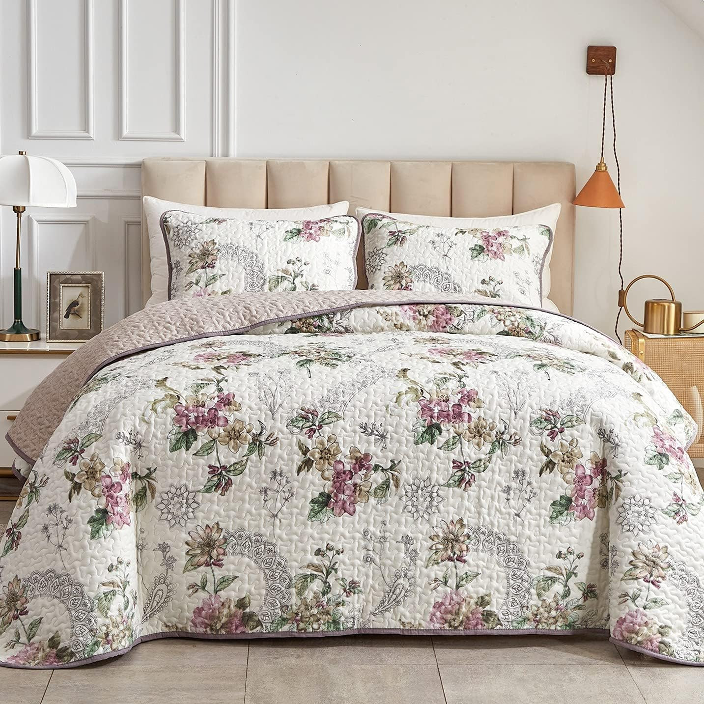 3 Pieces Quilt Set Full/Queen Size, Beige Floral Reversible Bedspread Coverlet S gallery