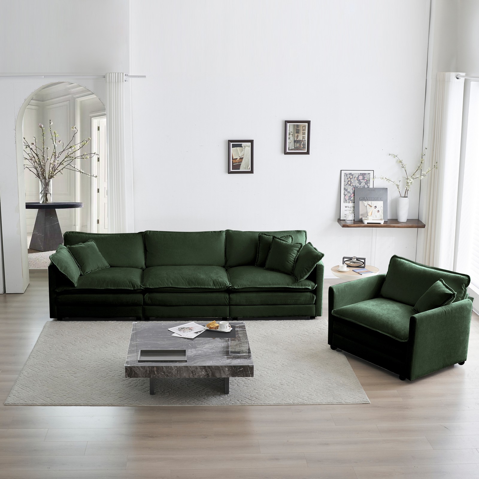 3 Piece Chenille Sectional Sofa Set Deep Seat Loveseat Armchair Green gallery