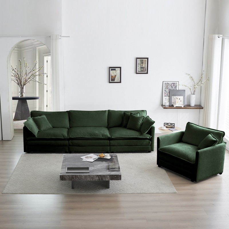 3 Piece Chenille Sectional Sofa Set Deep Seat Loveseat Armchair Green gallery