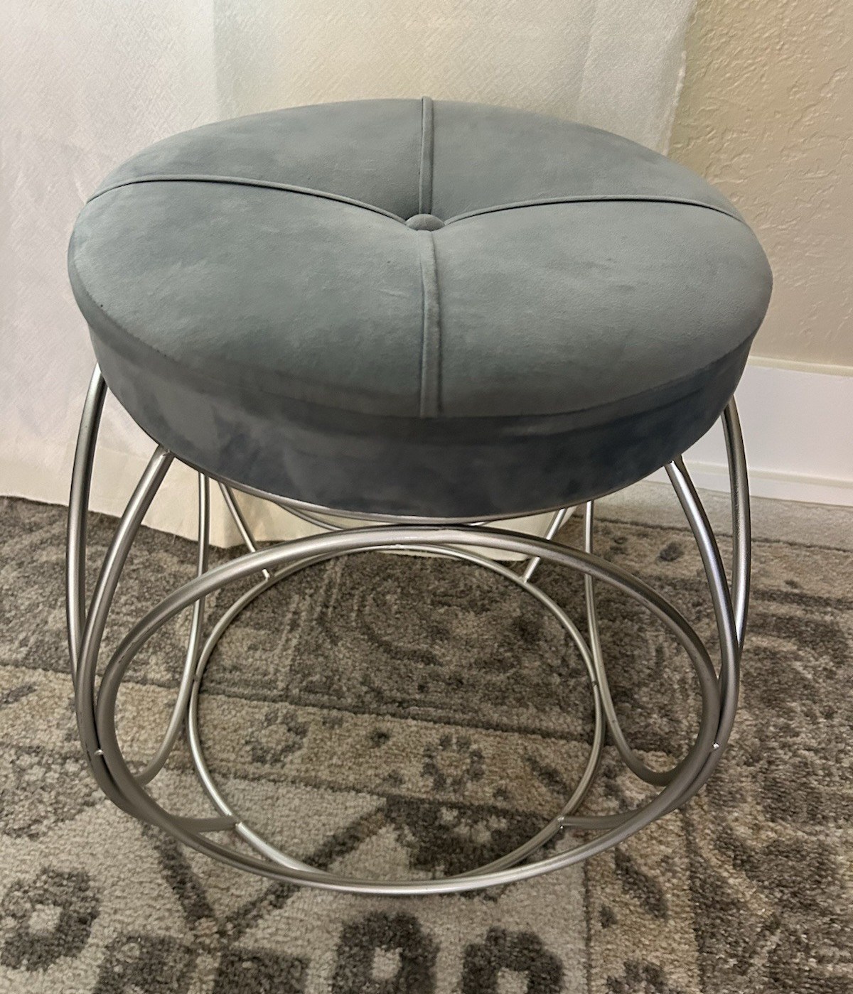 Round slate Gray Tufted Ottoman Footstool with Metal Ring Base, Fully Assembled gallery