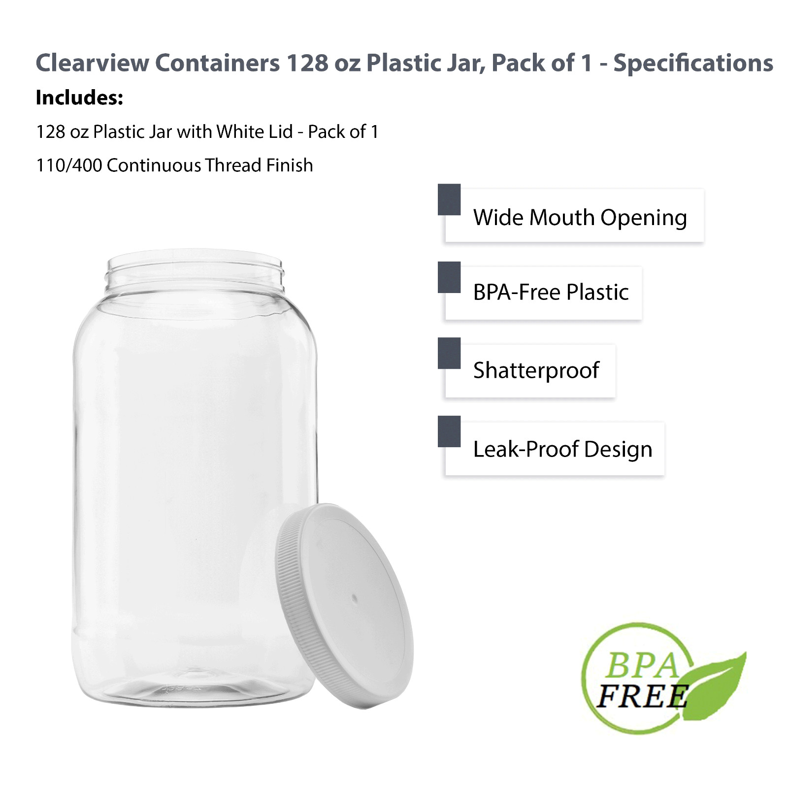 Clearview - 1 Pack - 128oz, 1 Gallon Plastic Jar w/ 110-400 White Leakproof Lid gallery