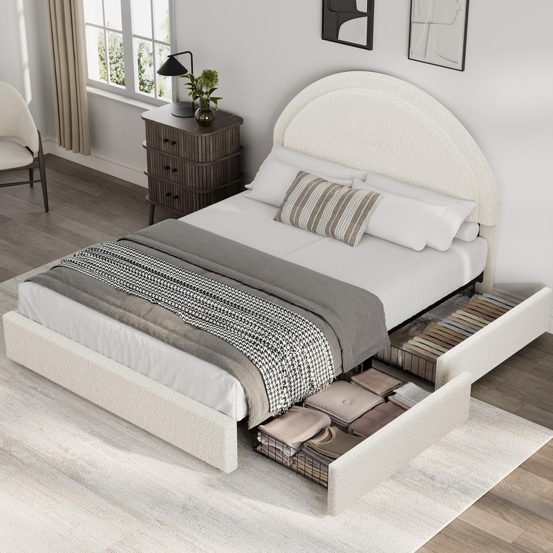 Full Size Bed Frame with 2 Drawers, Boucle Upholstered Platform Bed & Headboard gallery
