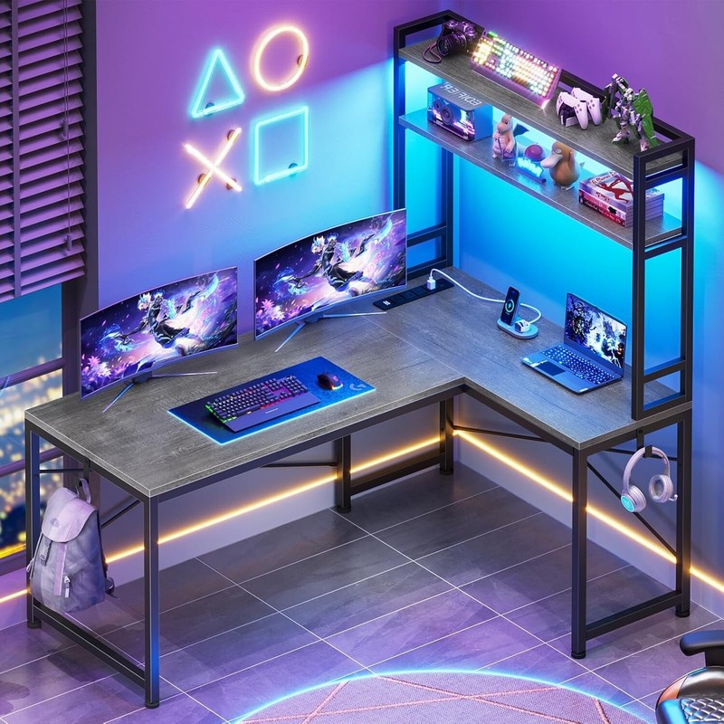 L Shaped Computer Desk, Small Corner Desk with LED Lights and Storage Shelves gallery
