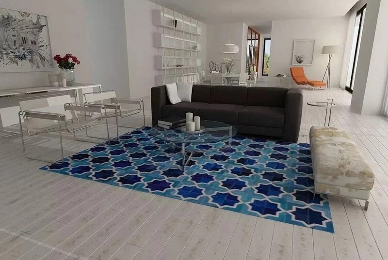 Genuine Leather Patchwork Rug Blue Geometric Moroccan Cowhide Area Rug Modern Ca gallery