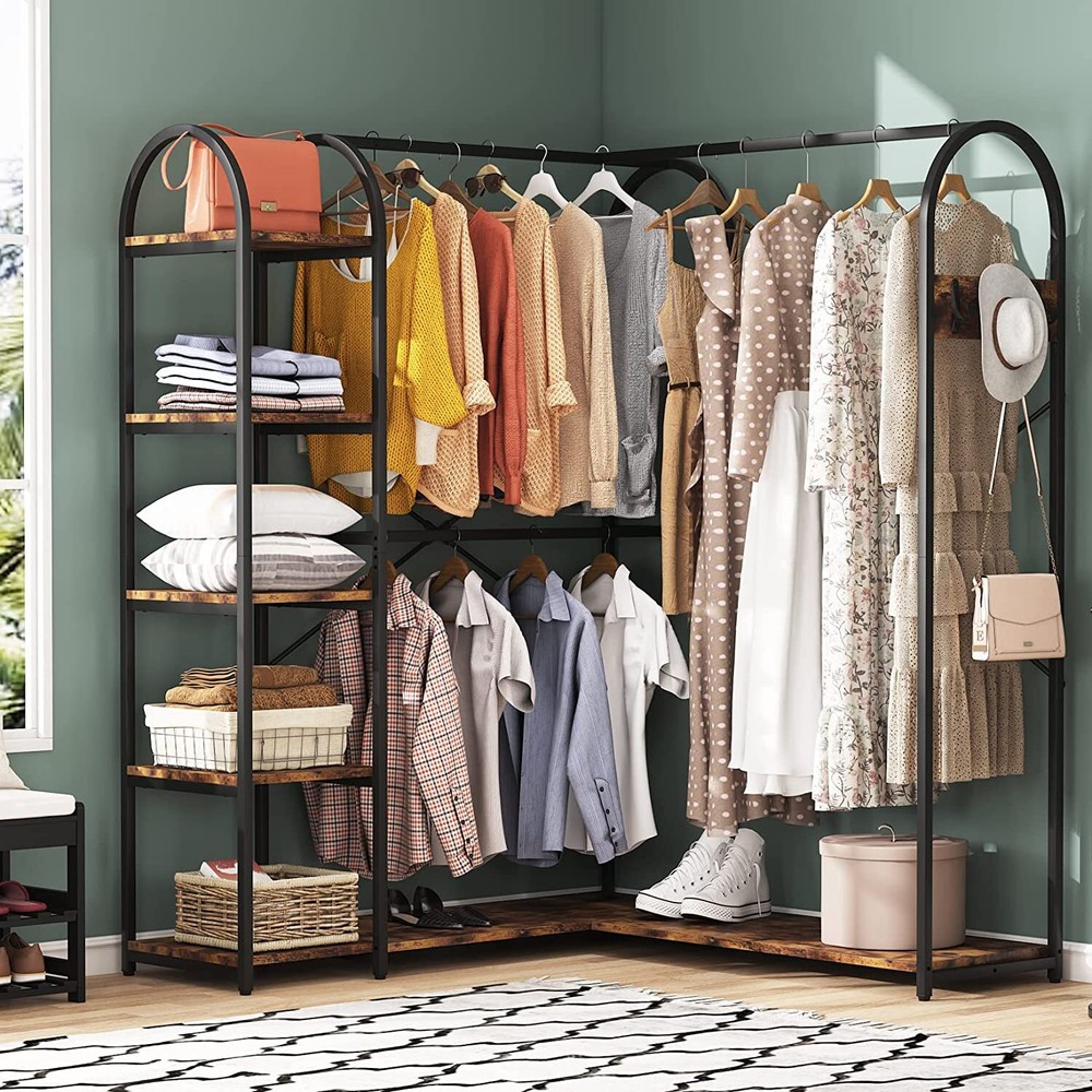 Tribesigns L Shape Corner Clothes Garment Rack w/ Storage Shelves & Hanging Rods