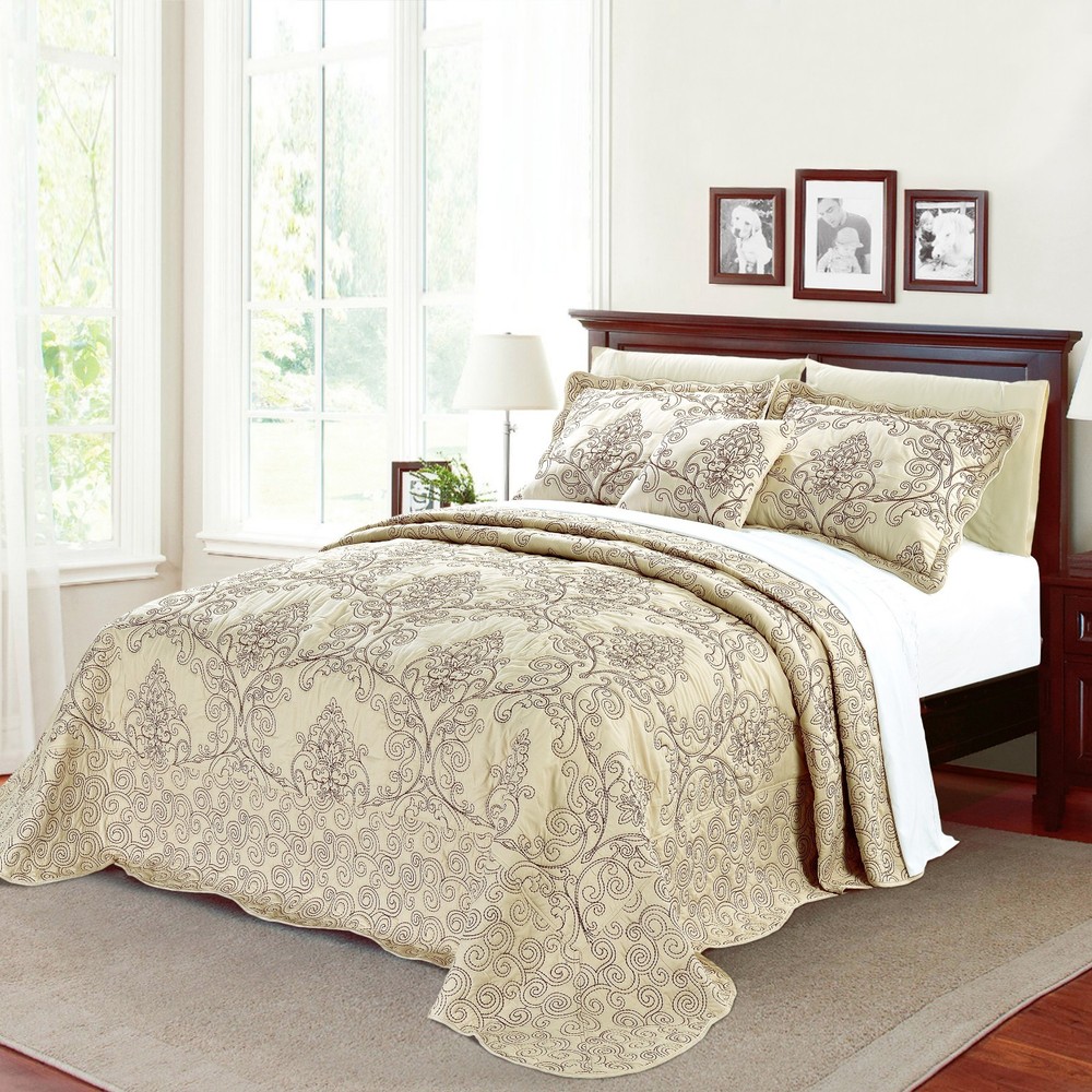 Damask 4 Piece Bedspread Set Scalloped Edge Reversible Coverlet Bedding Set