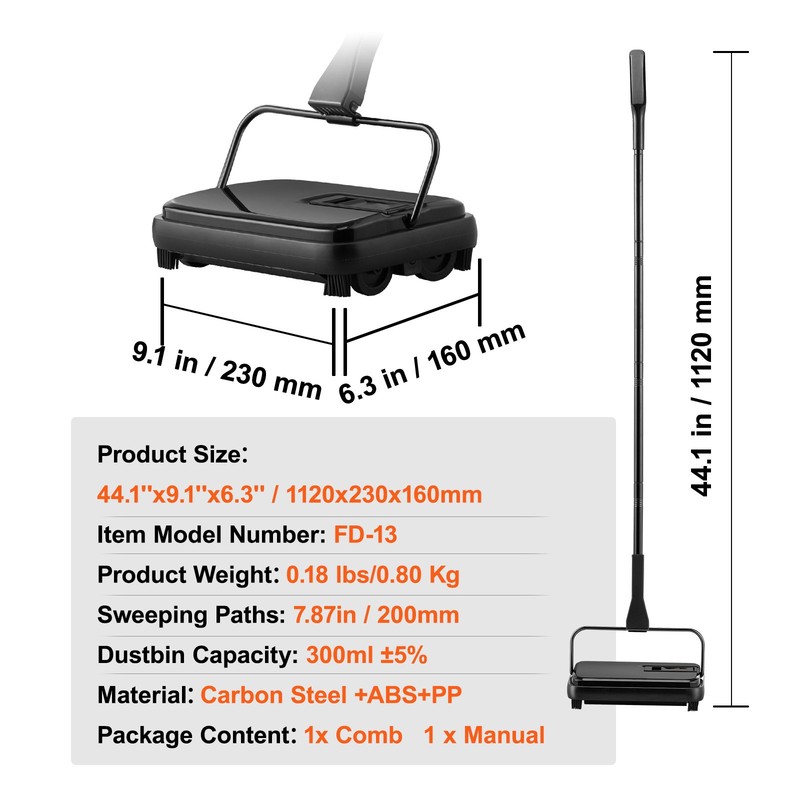 VEVOR Carpet Sweeper Floor Sweeper Manual 7.87 in Sweeping Paths Non Electric gallery