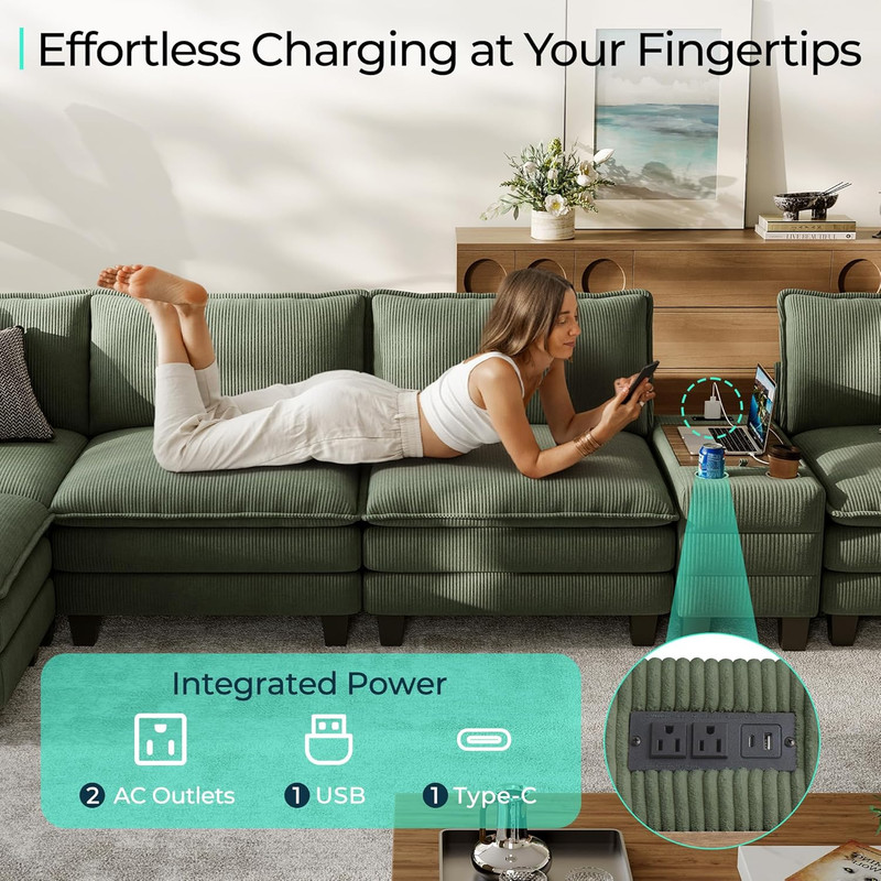 Comfy Green Modular Sectional Sofa with Storage, USB, and Cup Holders gallery