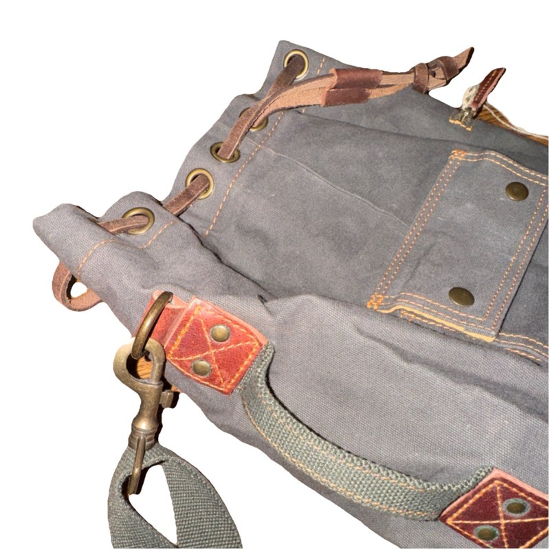 Damn Dog Small Haul Pack Gray Canvas & Leather Drawstring with External Pockets 5