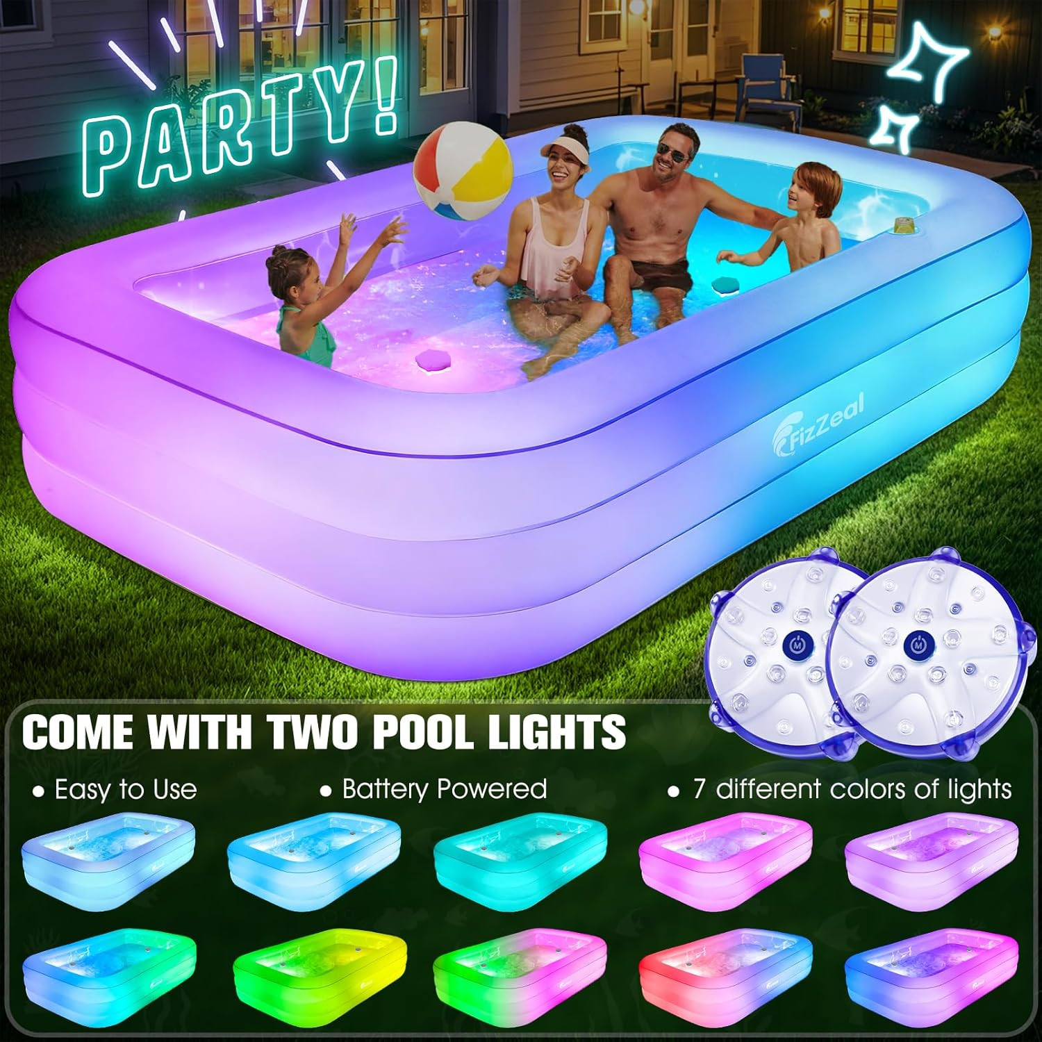 Inflatable Pool with Seat and Pool Lights, Durable Thickened Large Size Family I gallery
