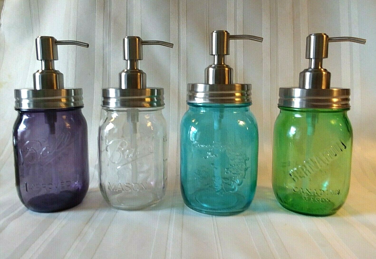 SOAP Pump DISPENSER ~ BALL Mason Jar ~ STAINLESS STEEL Gift ~ PINK PURPLE GLASS gallery
