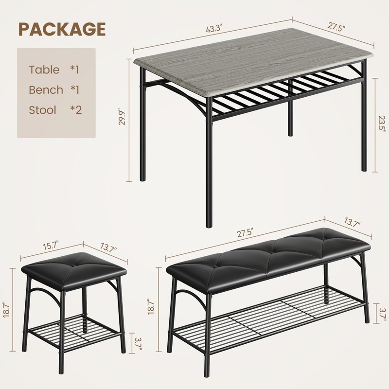 Dining Set Table with Wine Rack and 2 Upholstered Stools Bench for Small Kitchen gallery