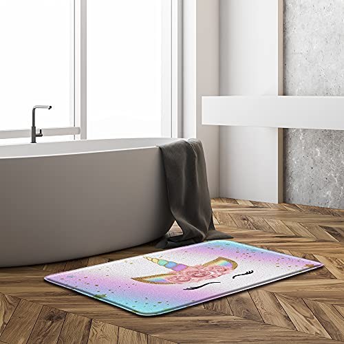 Unicorn Bath Mat Rainbow Magic Head Rose Flower 18x30 Inch(45x75CM) Blue gallery