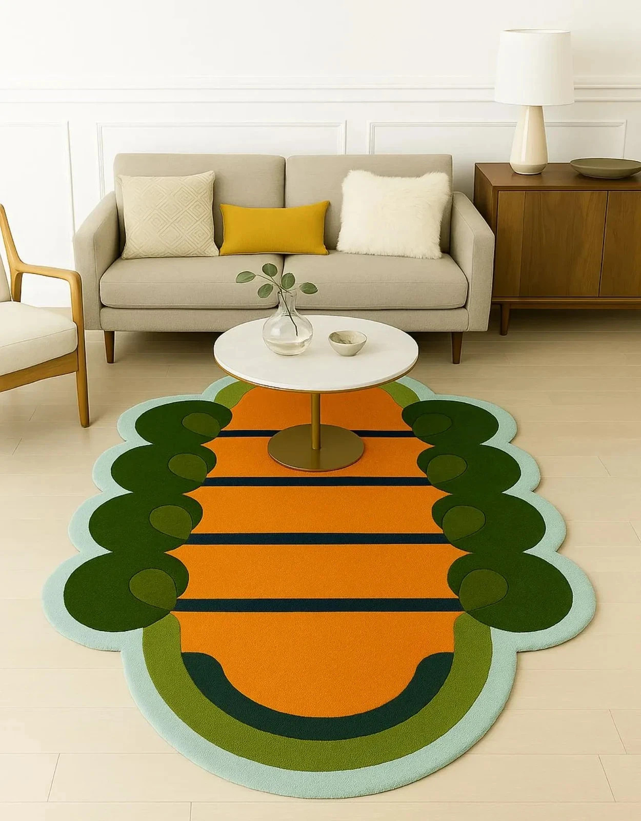 Handmade Tufted Wool Rug: Retro Orange Green Abstract Oval gallery
