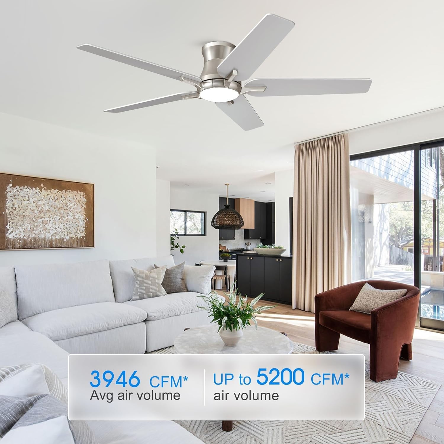 52 Inch Ceiling Fan with Lights Remote Brushed Nickel Flush Mount 6 Speeds gallery
