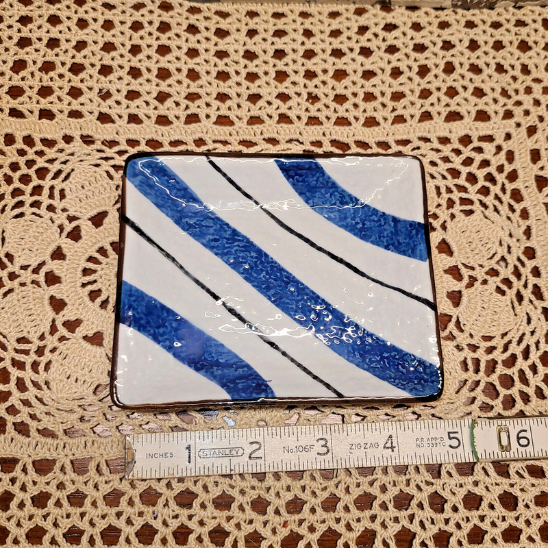 2 Vintage Ceramic Blue White Black Rectangular Striped Trinket Dishes Coasters gallery