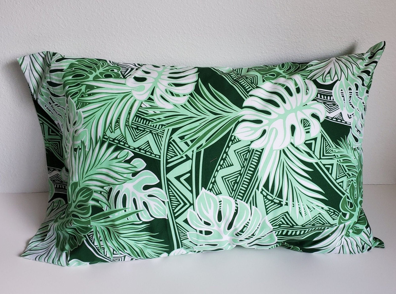 Green Poly-Cotton Blend Pillowcase with Monstera & Palm Leaves | Handmade gallery