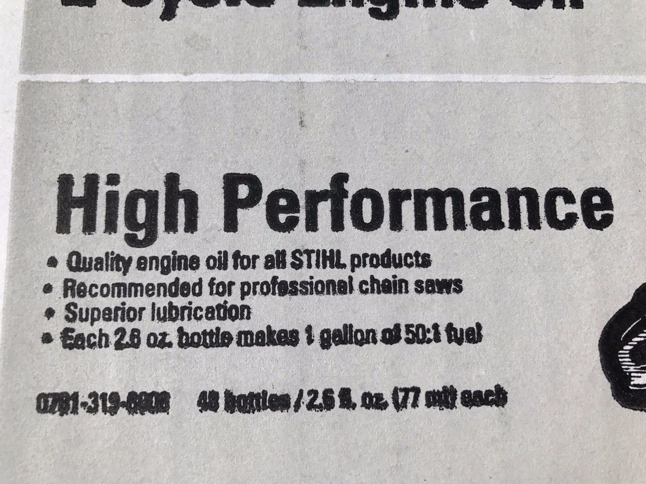 STIHL HIGH PERFORMANCE 2-CYCLE ENGINE OIL, 1 GAL MIX 2.6 OUNCE BOTTLES, 48 CS gallery