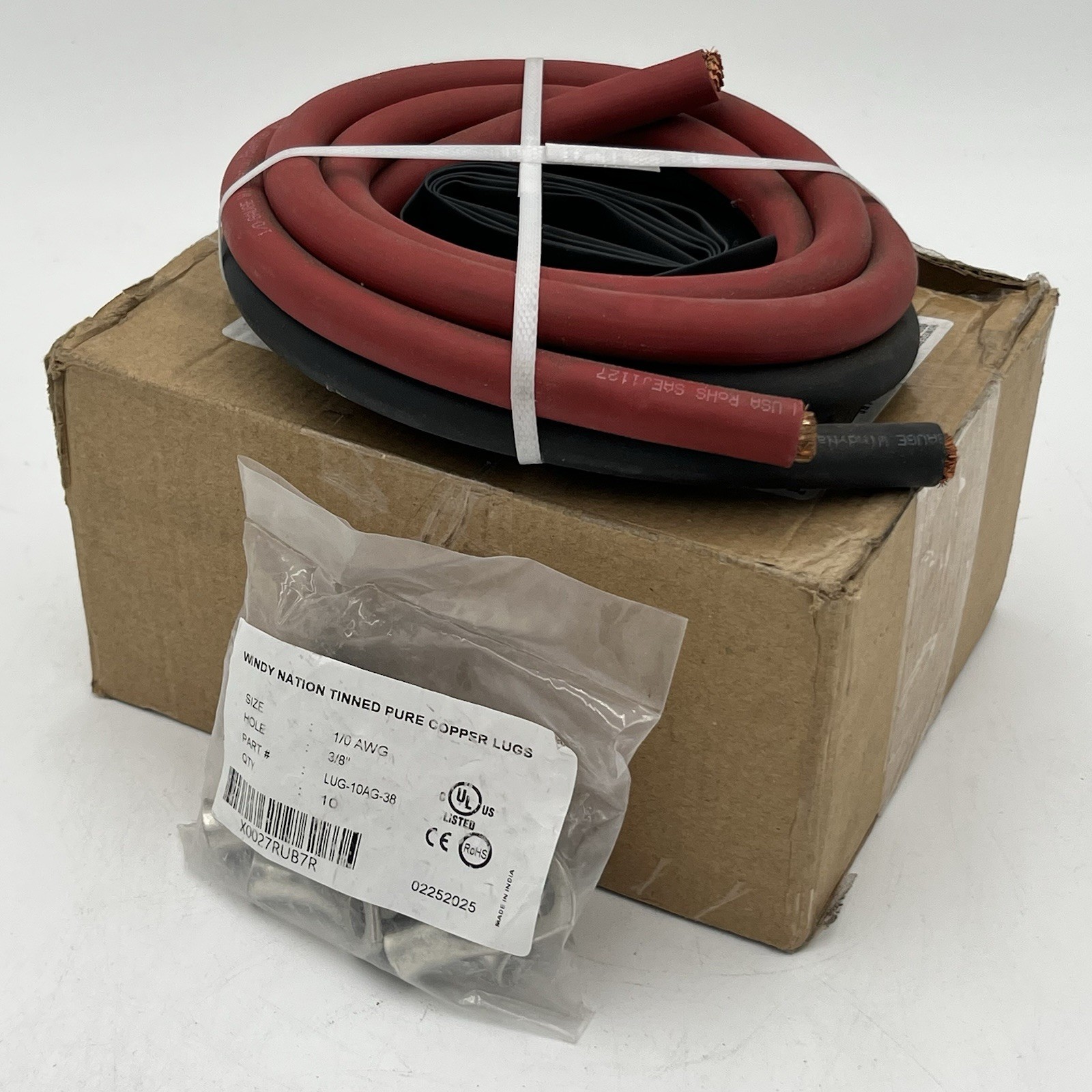 NEW!! 1/0 AWG 5' Red & Black Welding Cable Kit - 10pc 3/8" Lugs & 3' Heat Shrink gallery