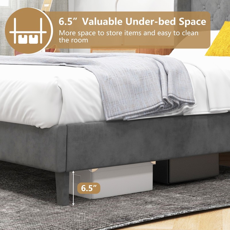 Full Upholstered Bed Base Bed Frame w/ High Density Sponge Padded Headboard Grey gallery