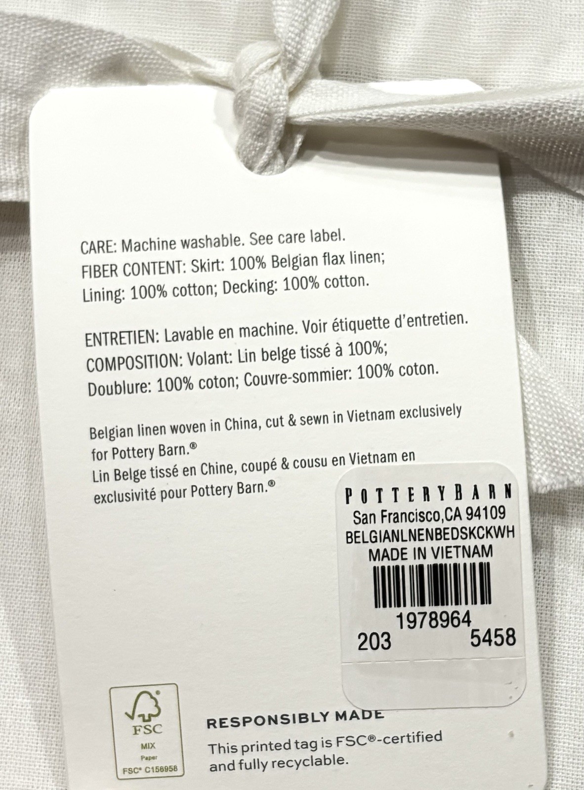 Pottery Barn Belgian Flax Linen Cal King Bed Skirt White 14” Drop NEW gallery