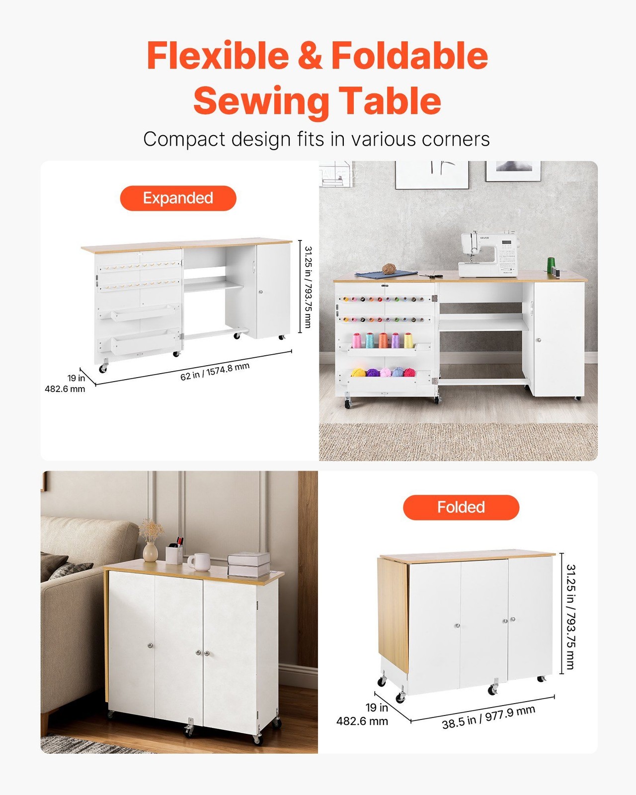 Compact Folding Sewing Desk 62x19in, 3-Tier Organizer, 2USB+2AC, 6 Casters gallery