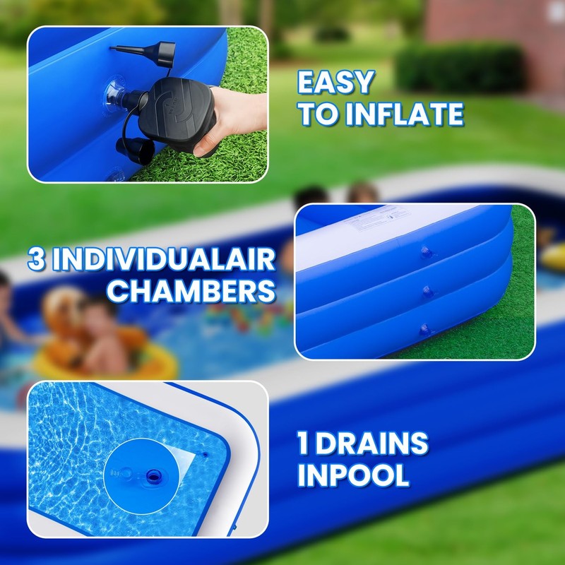 Extra Large Inflatable Pool for Adults 145" x 74" 22" Oversized Blow Up Family gallery