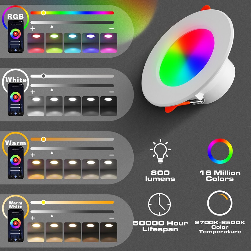 Smart Recessed Lighting 4 Inch Color Changing 12W LED Downlight Ceiling Light US gallery