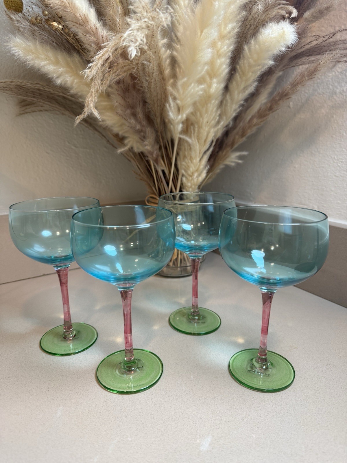 The Last Line Set 4 Tri Color Coupe Wine Glasses Blue Pink Green gallery