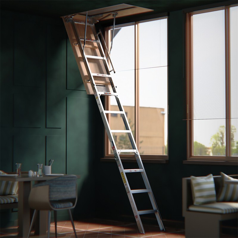 Folding Retractable Aluminum Attic Ladder Stairs Fits 7'8"-10'3" Ceiling Height gallery