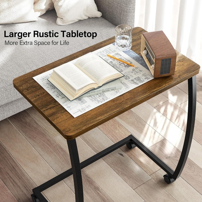 Stylish C-Shaped Rolling End Table in Rustic Dark Walnut for Modern Spaces gallery