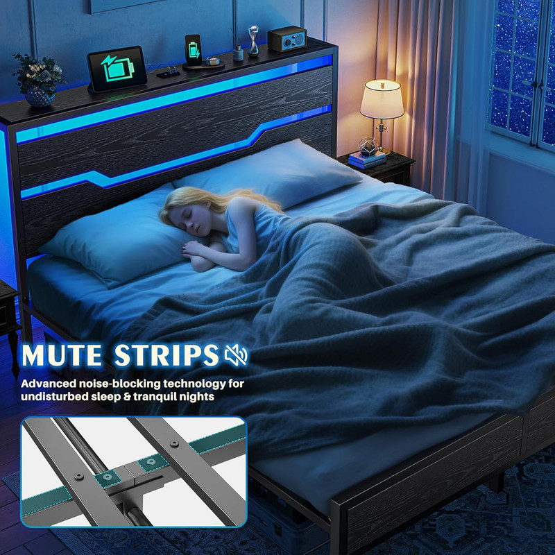 King Size Bed Frame with LED Lights & Charging Station, King Bed Frame and Headb gallery