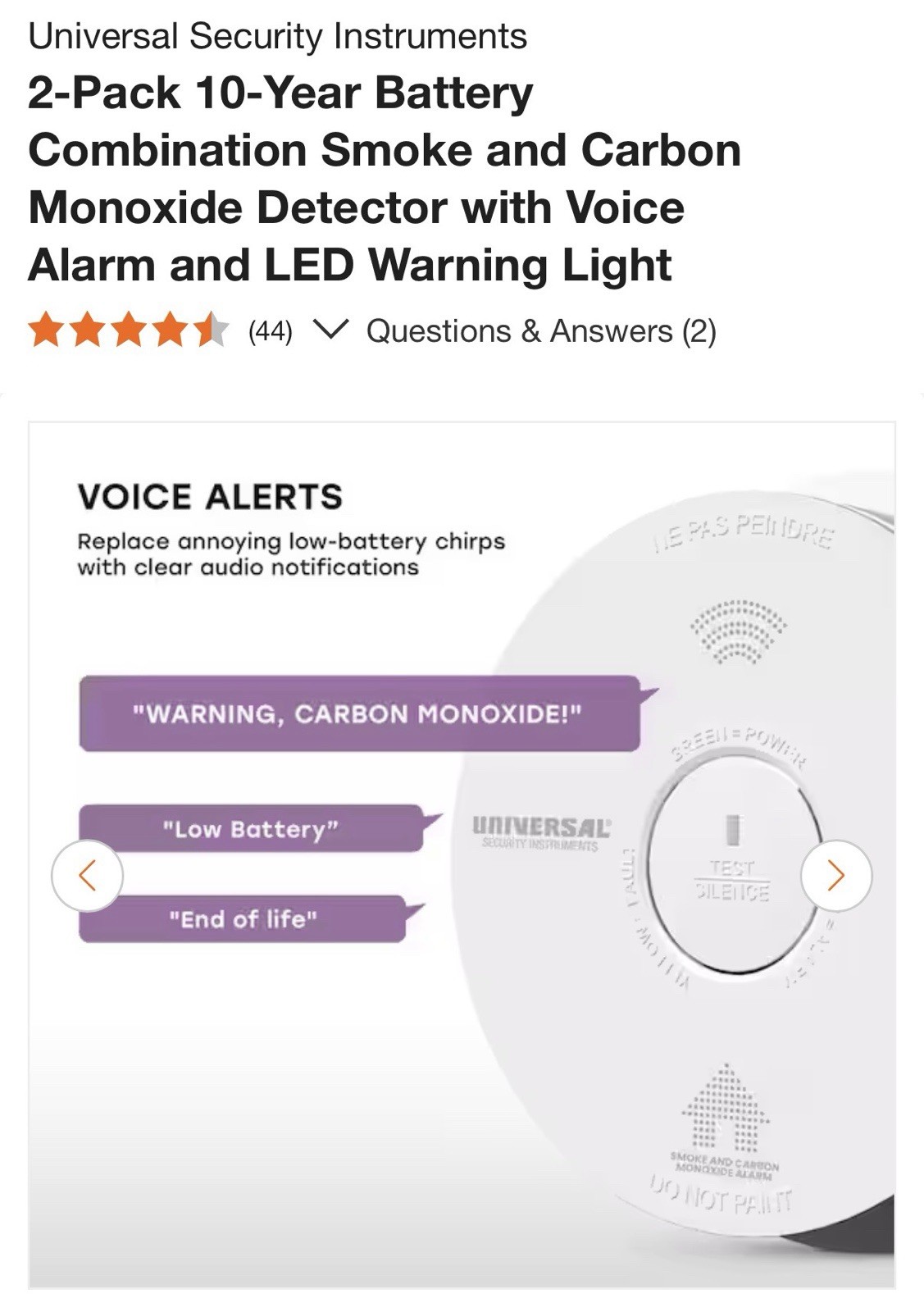 USI 2-Pack 10-Year Battery Combination Smoke and Carbon Monoxide Detector. New gallery