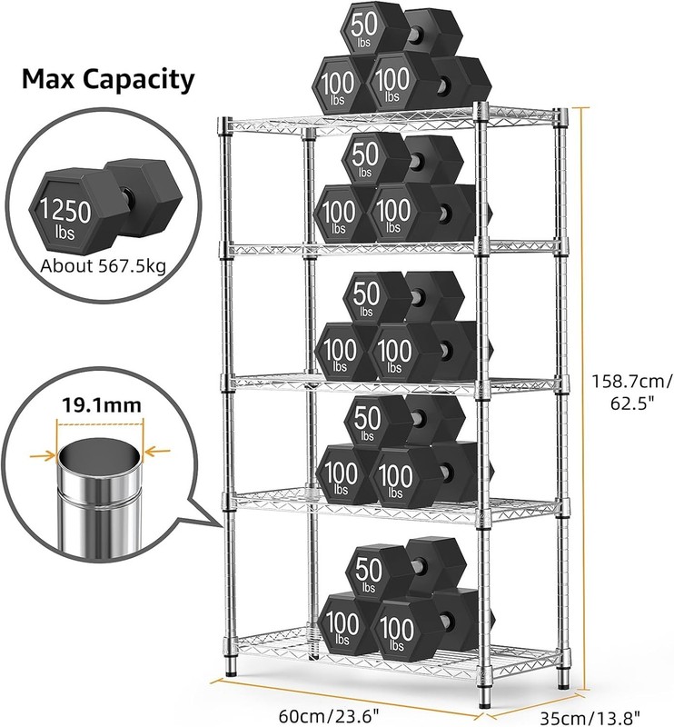 Modern 5-Tier Utility Shelving Unit - Durable Chrome Organizer Rack, 1250 lbs gallery