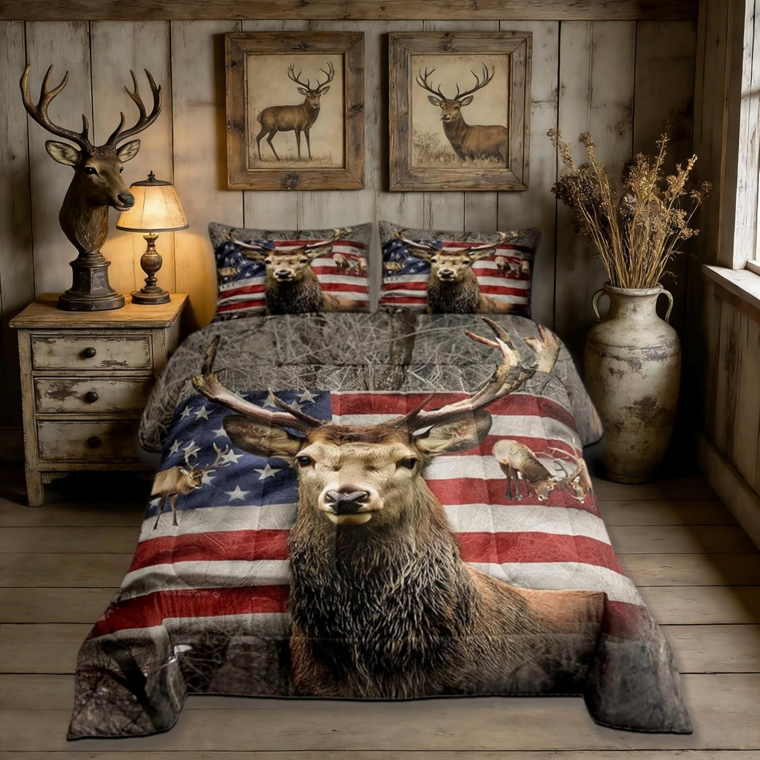 American Flag Deer Comforter Set Twin Size, Kids Boys Room Decor Brown Wildlife gallery