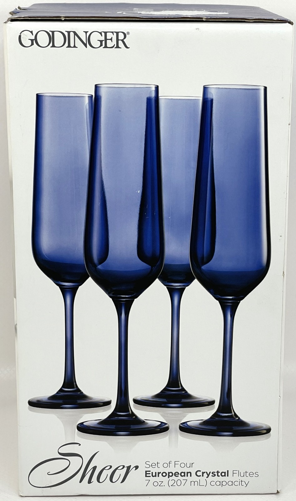 Godinger Blue European Crystal Champagne Flutes 9.5” Set of 4 Solid Blue 7oz gallery
