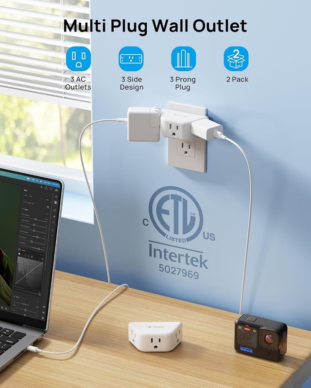 Multi Plug Outlet Extender 2 Pack - Electrical Wall Splitter, 3 Way Angled Wall gallery