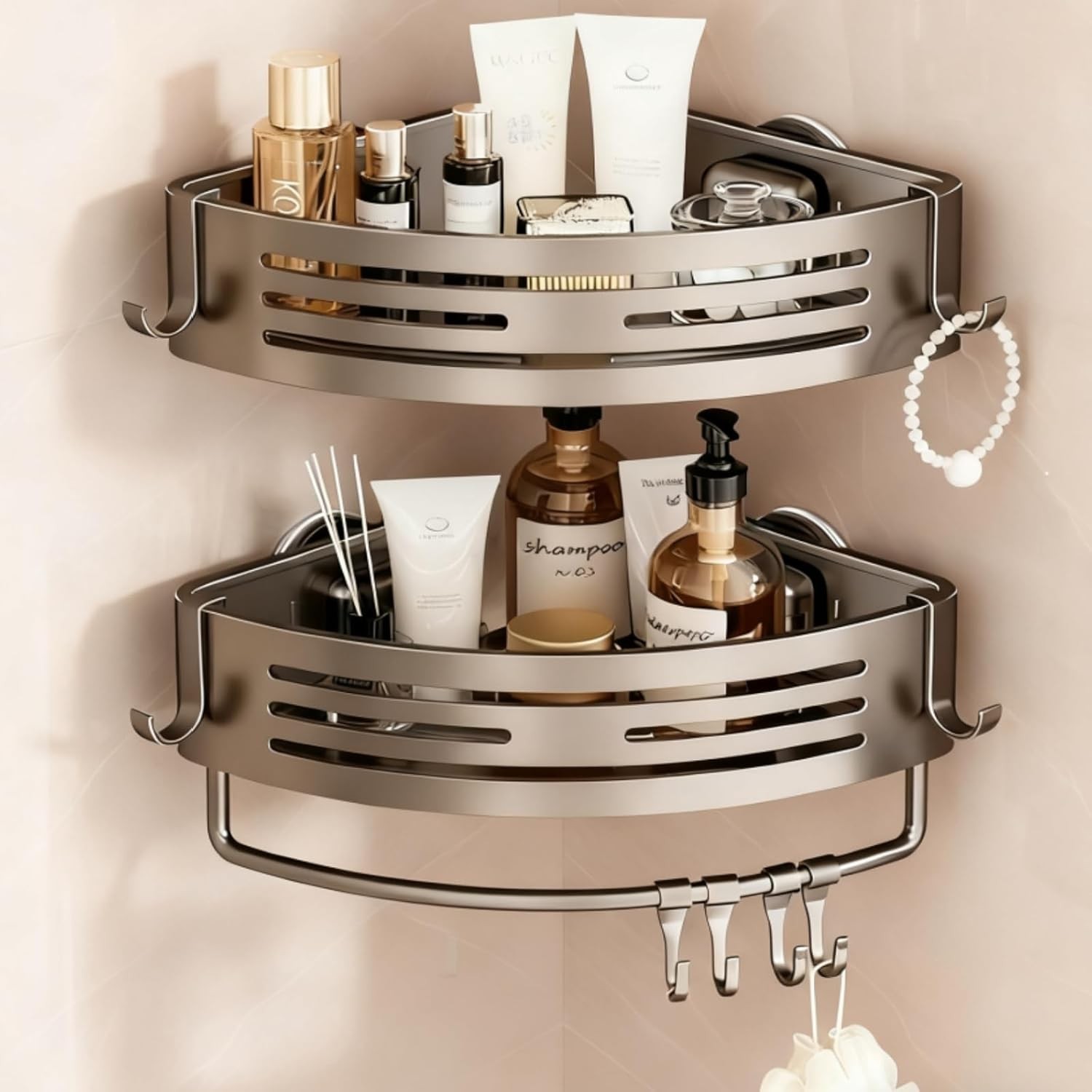 2Pcs Corner Shower Shelf Caddy Suction Cup,No Drill Hole with Towel Bar and Hook gallery