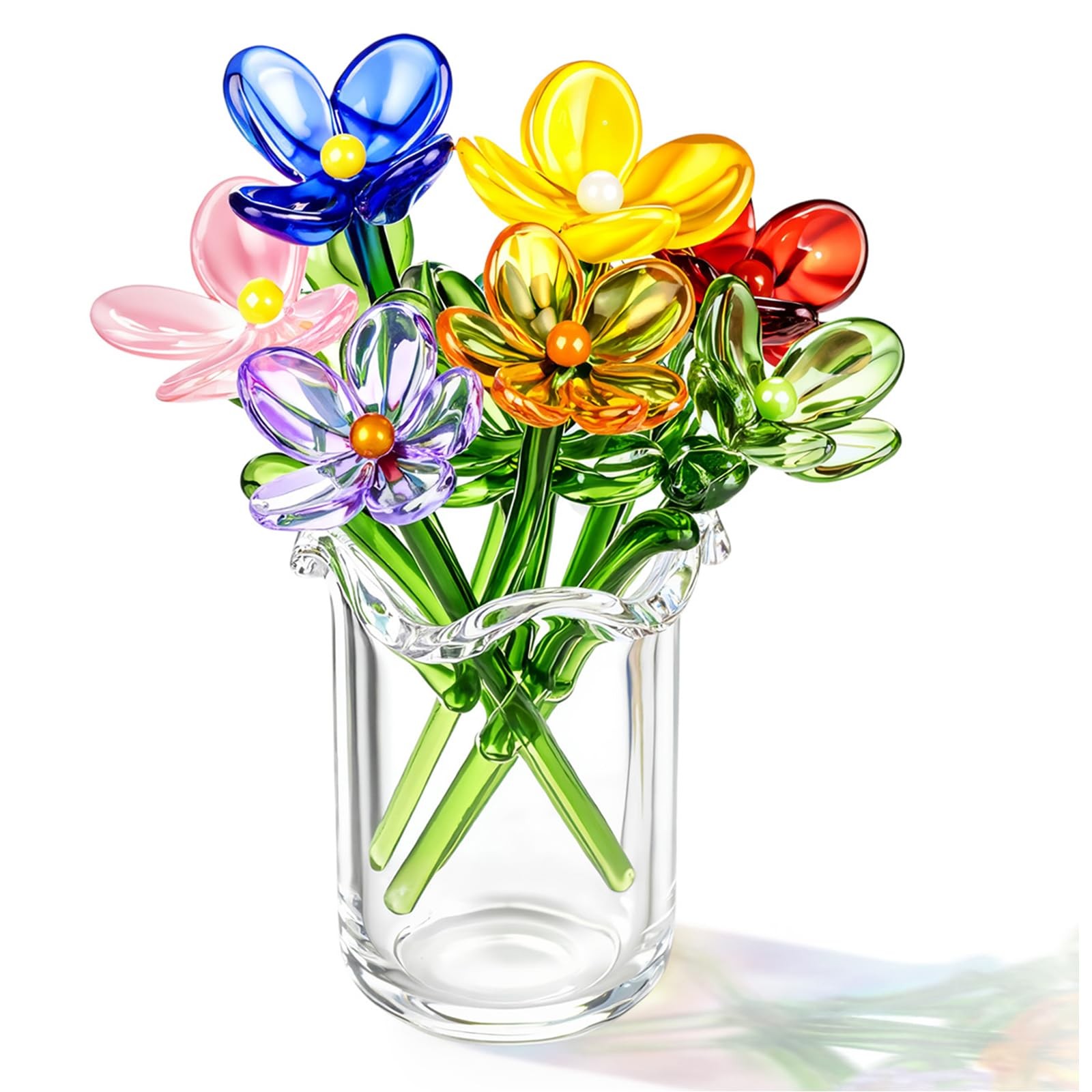 Fiwochic 7 Pcs Miniature Glass Flower Leave And 1 Pcs Vase Set Small Mini Glass gallery