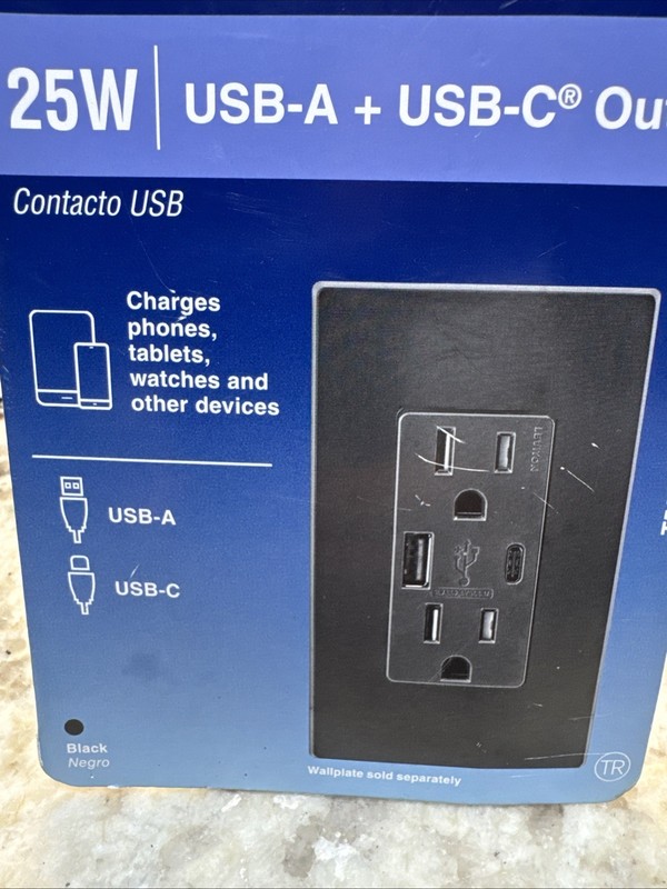 Leviton T5633-BE Decora USB Type-A/Type-C Wall Outlet Charger, 15A, BLACK gallery