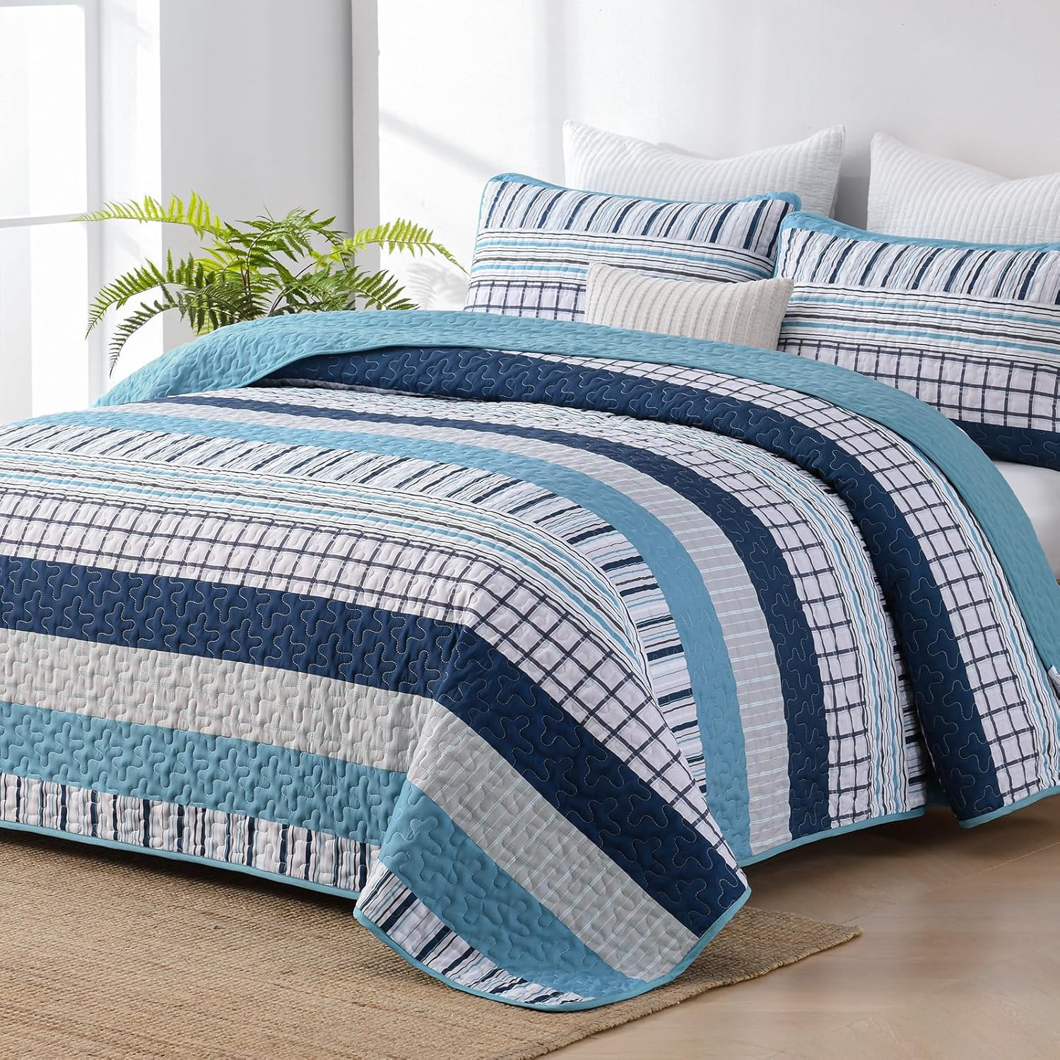 Striped King Size Quilt Set, Light Blue Boho Bedspread Coverlet Set with 2 Pillo gallery