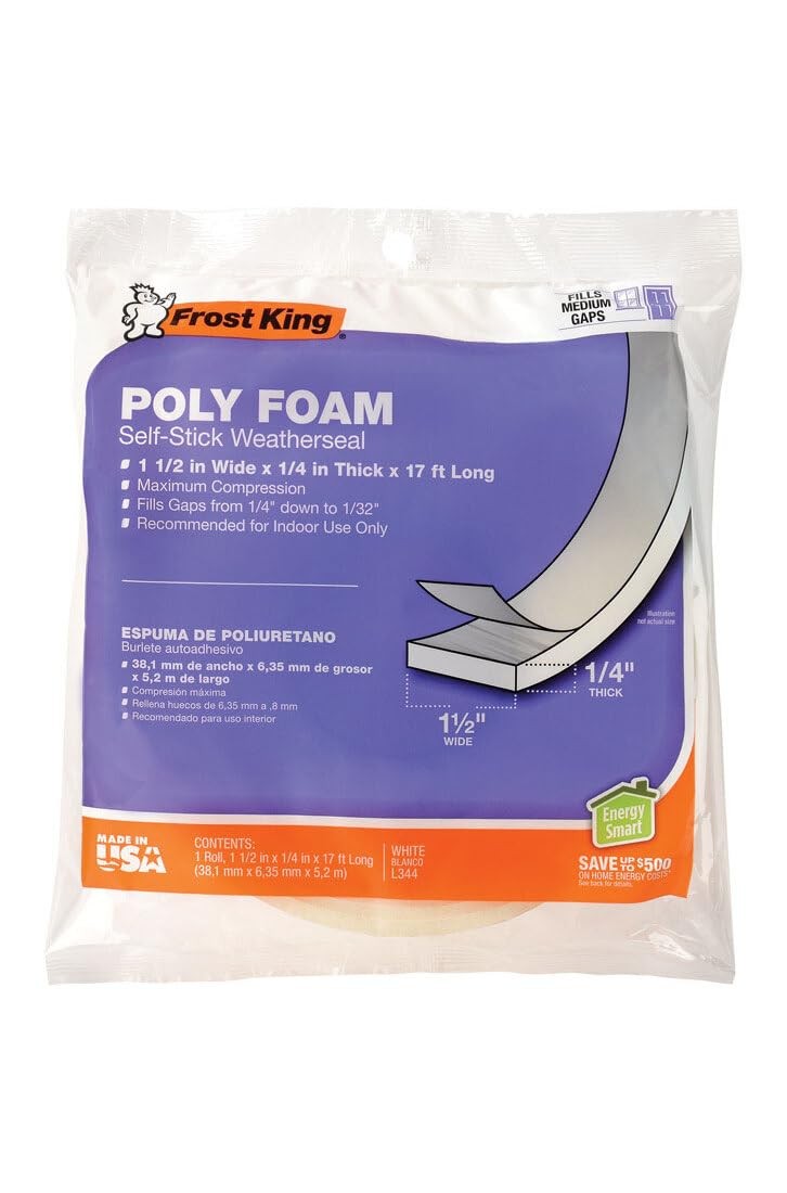 17ft White Poly Foam Weatherseal Tape, L344H, 1-1/2in W x 1/4in T, Open Cell gallery